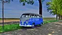 Ein blau-weißer Oldtimer-Bus VW T1 auf einem Kopfsteinpflasterweg unter Bäumen