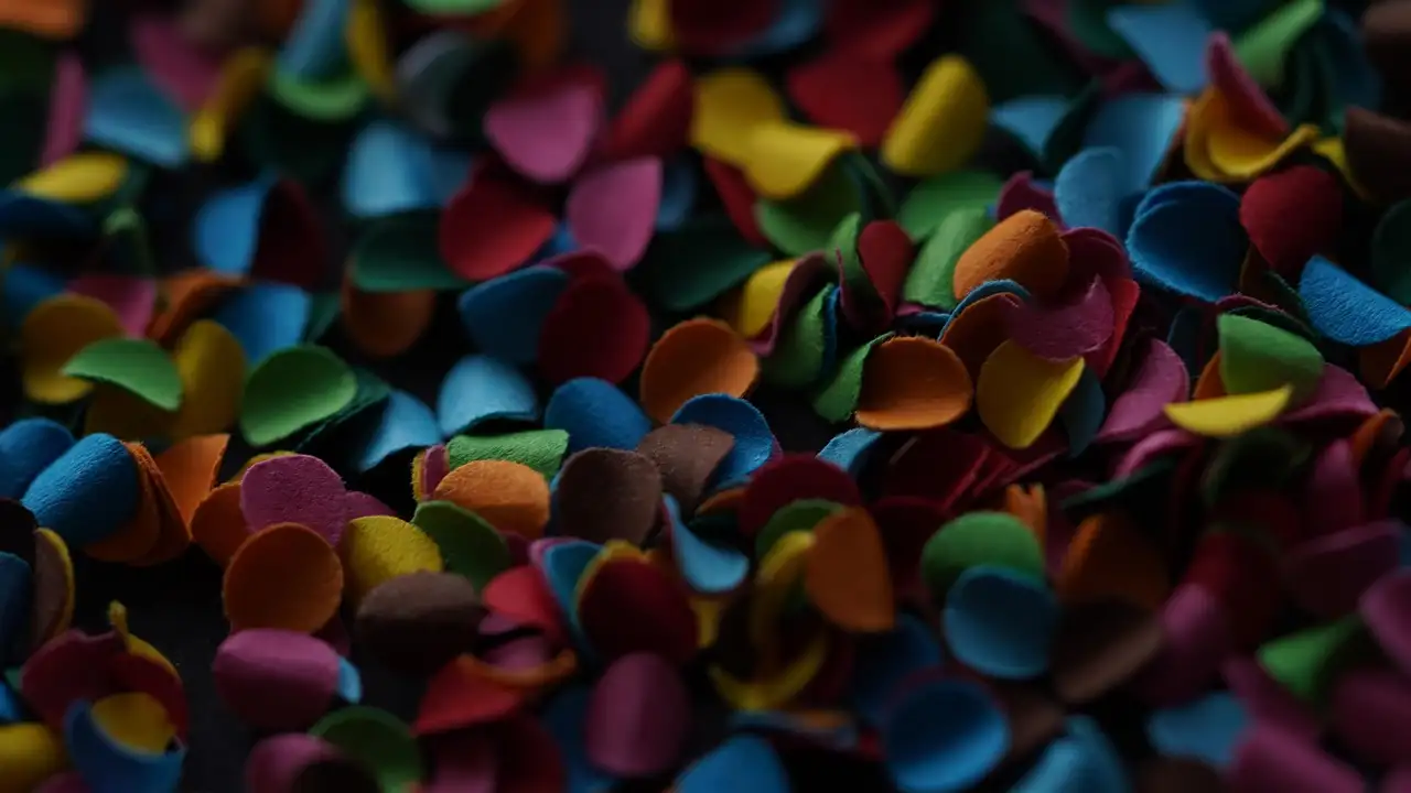 Ein Haufen Papierkonfetti in vielen leuchtenden Farben, aus der Nähe