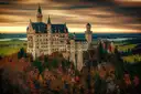 Schloss Neuschwanstein über Herbstbäumen bei Sonnenuntergang, dahinter Felder