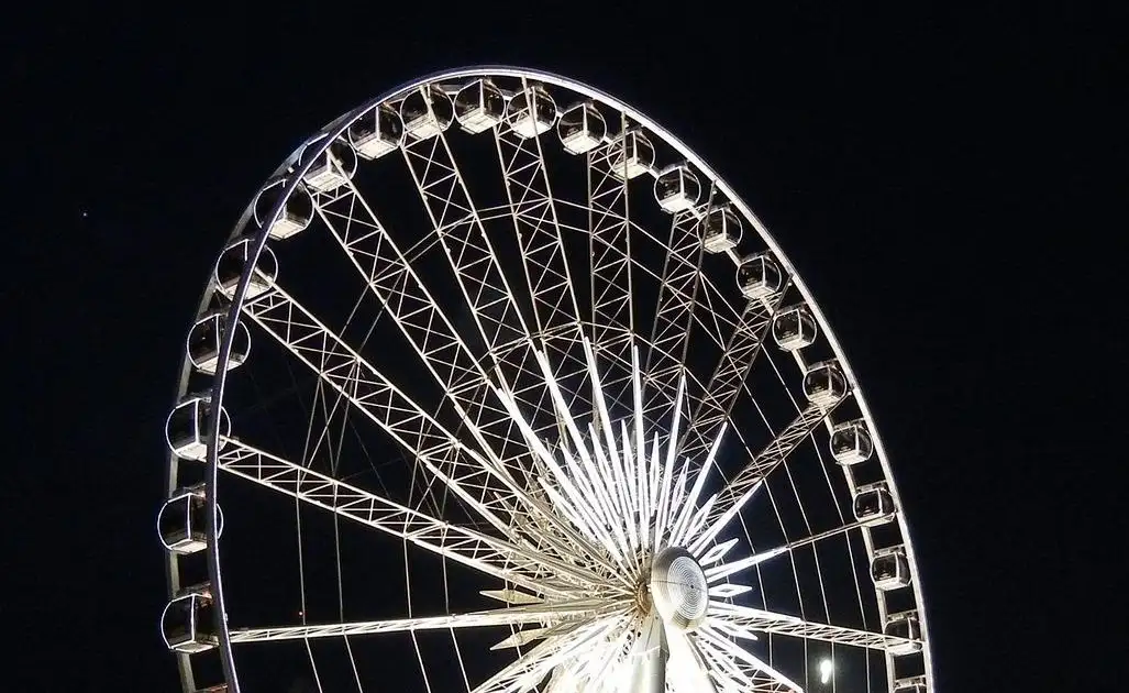 Das Niagara SkyWheel weiß beleuchtet vor dem Nachthimmel
