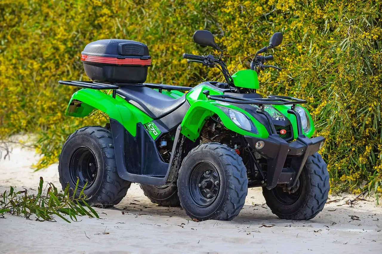 Un quad verde aparcado en la arena delante de unos arbustos