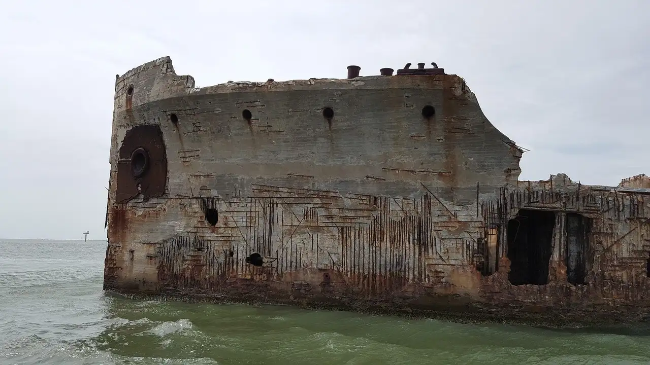 El casco roto de un viejo barco de hormigón en aguas verdes y tranquilas