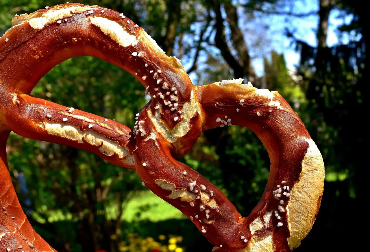 Un gran pretzel con sal sostenido delante de árboles verdes