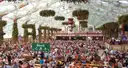 Una carpa del Oktoberfest llena, con largas filas de mesas bajo un techo blanco con guirnaldas verdes