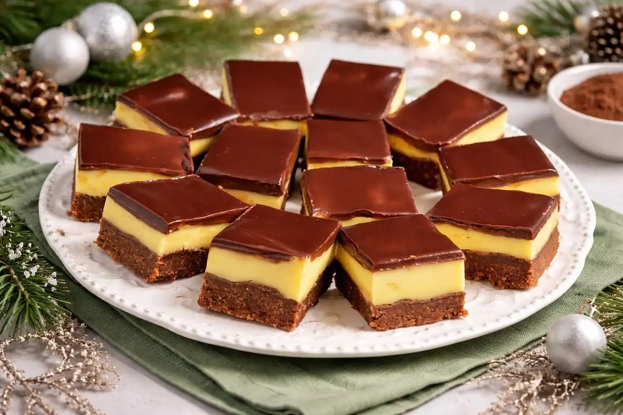 Un plato de Nanaimo bars con cobertura de chocolate y una capa de crema