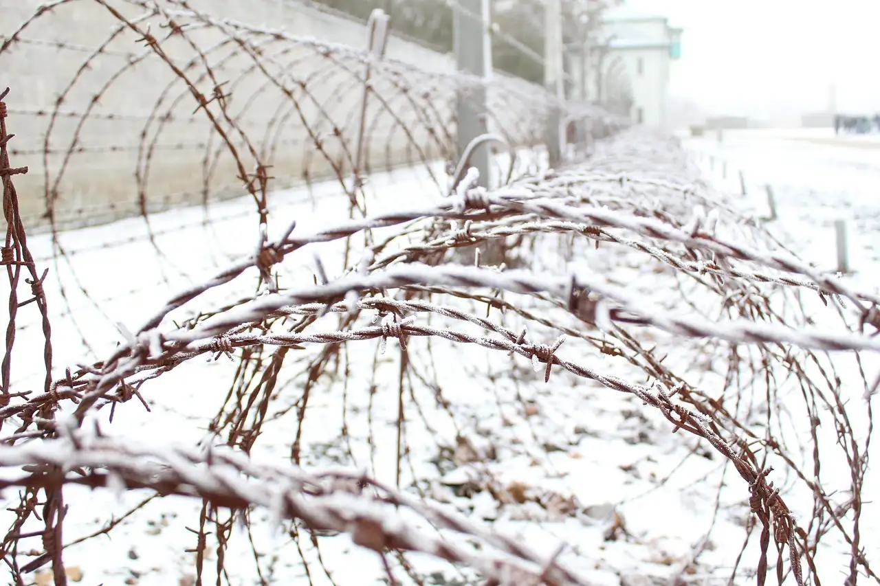 Rusty barbed wire covered in snow at a former concentration camp