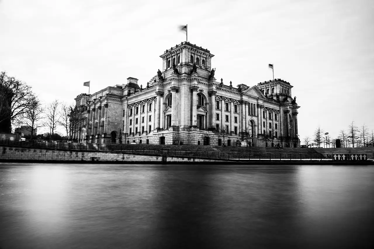 The Reichstag across the Spree in black and white