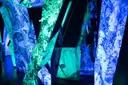 Tall panels glowing with projected blue and green art in a dark room