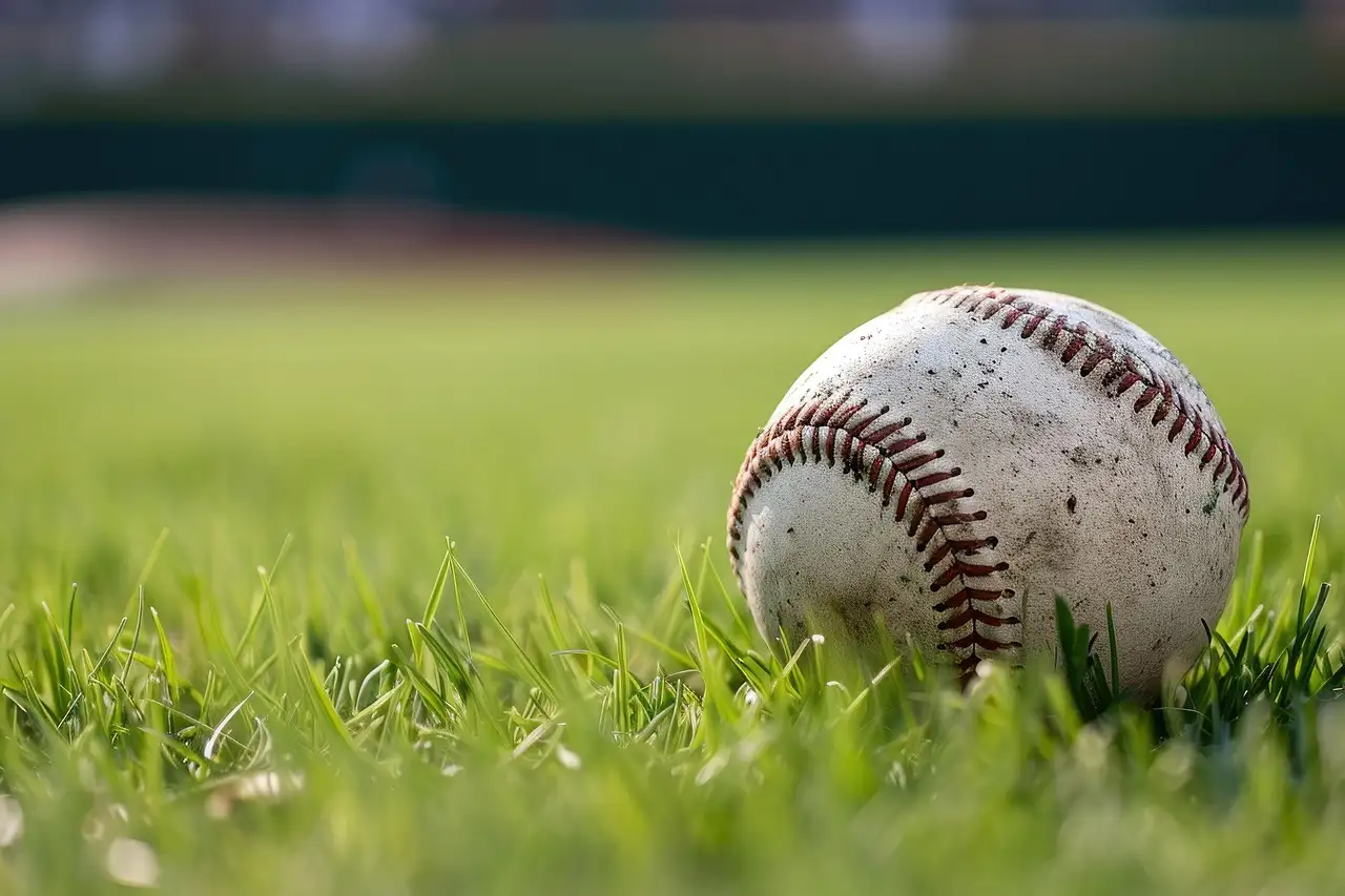 A baseball resting on green grass in a ballpark