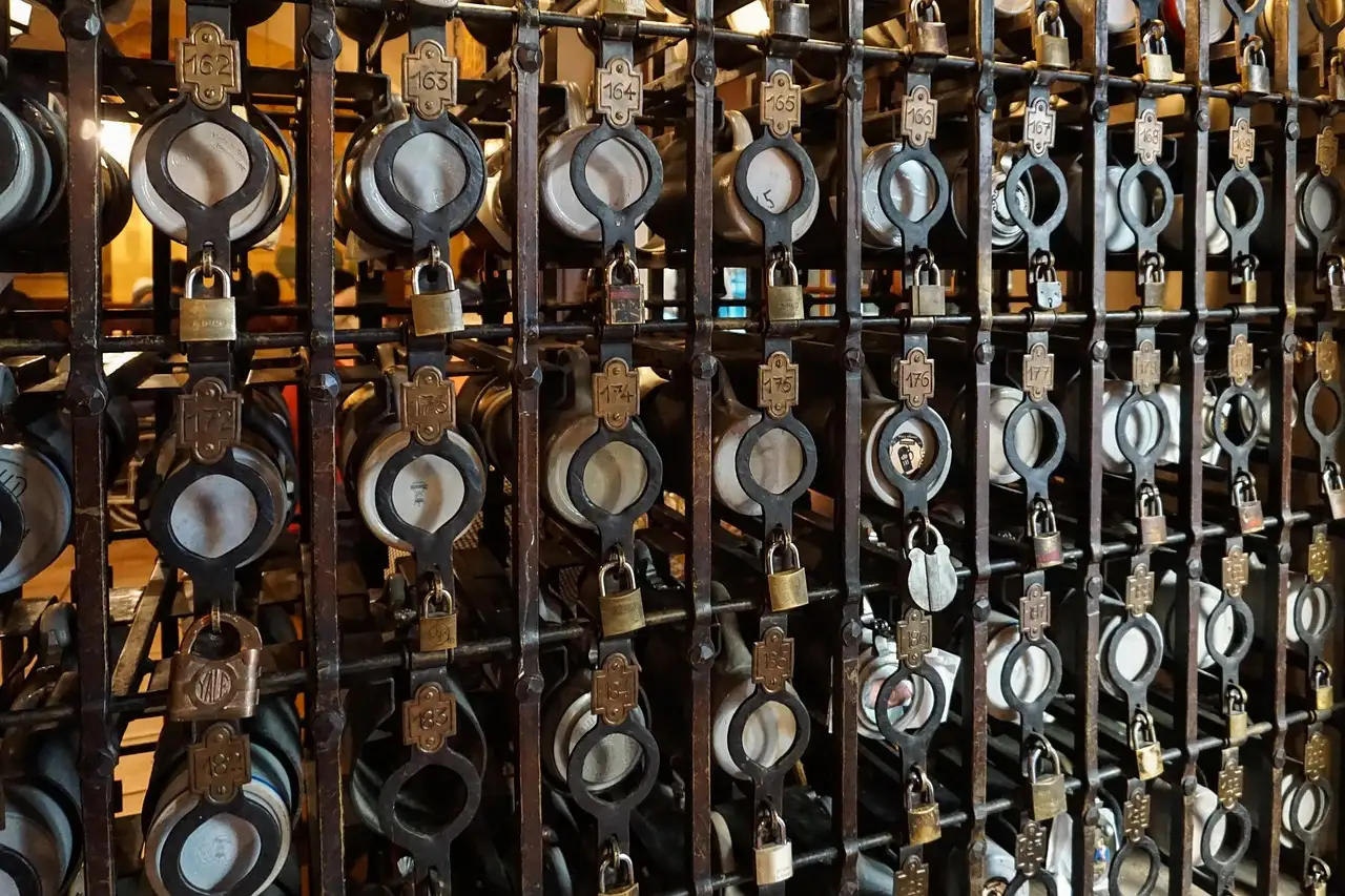 Rows of locked beer stein lockers in the Hofbräuhaus in Munich