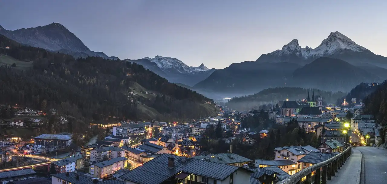 Berchtesgaden at dusk, with the Watzmann and other peaks behind
