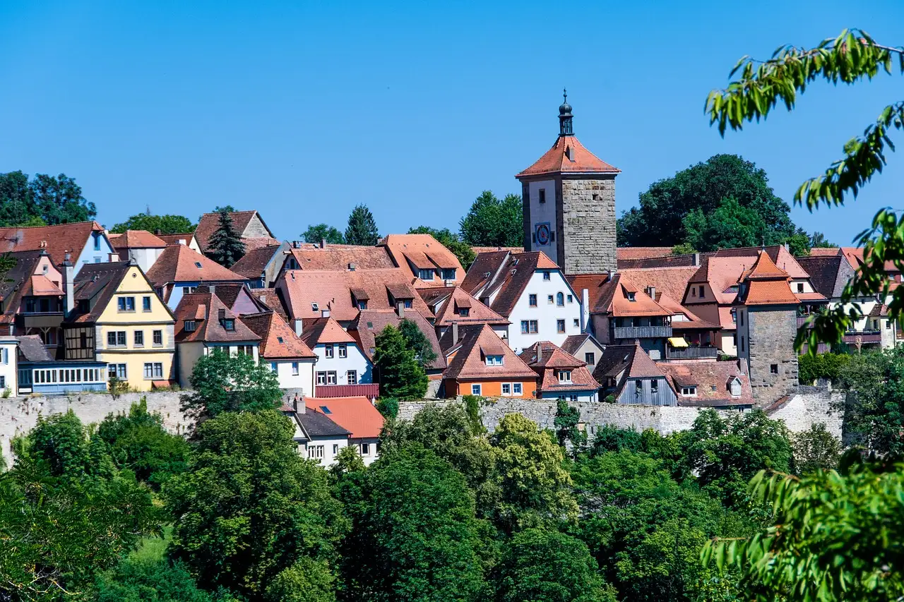 Red roofs and a gate tower in the medieval town of Rothenburg