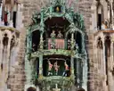The painted figures of the Glockenspiel on the New Town Hall at Marienplatz
