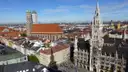 Munich Old Town from above, with the Frauenkirche towers and the New Town Hall at Marienplatz