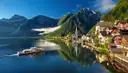 Hallstatt's houses and church on the shore of a still mountain lake