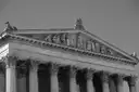 The columned front of a museum building on Königsplatz, in black and white