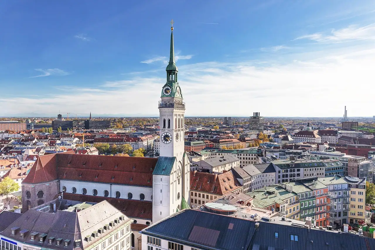 The tower of St. Peter's Church rising over the roofs of Munich's Old Town