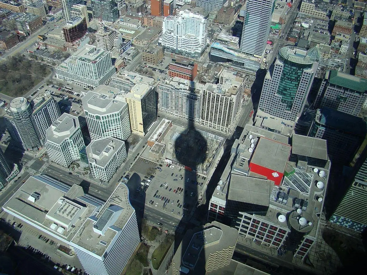 The CN Tower's shadow falling across downtown Toronto, seen from the top of the tower