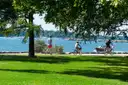 Cyclists riding a sunny lakeside park path past a green lawn and blue water