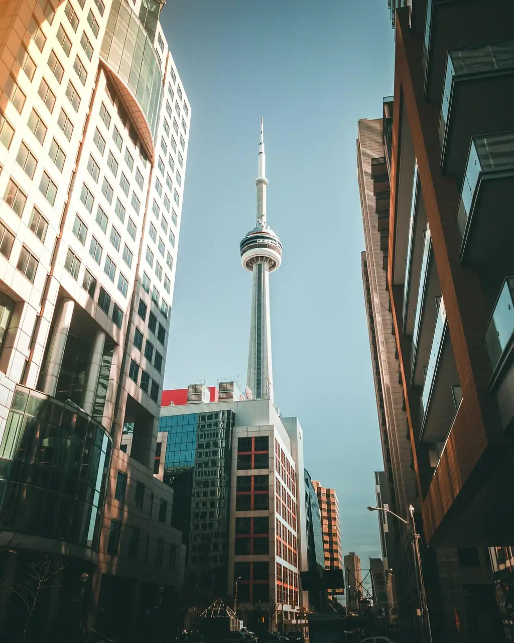 The CN Tower seen from a downtown street between office and condo buildings