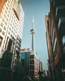 The CN Tower seen from a downtown street between office and condo buildings