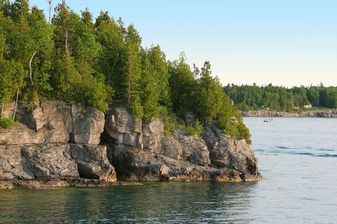 Forest-topped limestone cliffs along the Georgian Bay shore