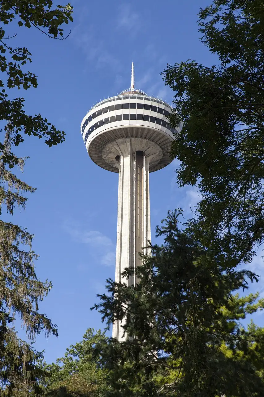 The Skylon Tower framed by trees against a blue sky