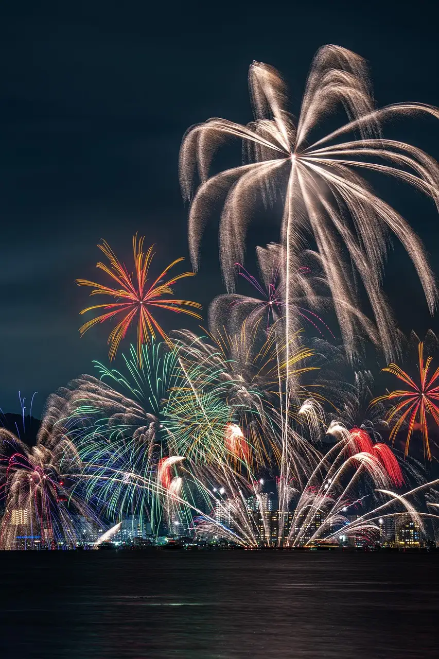 Colourful fireworks bursting above dark water at night