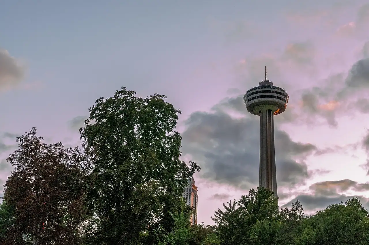 The Skylon Tower at dusk behind tall trees