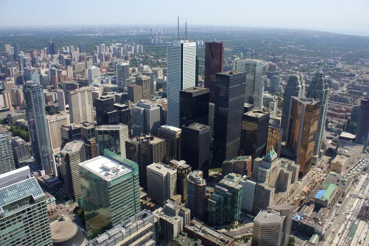 Downtown Toronto's office towers and streets seen from high above, from the CN Tower