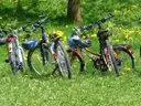 Three bikes with helmets parked on the grass