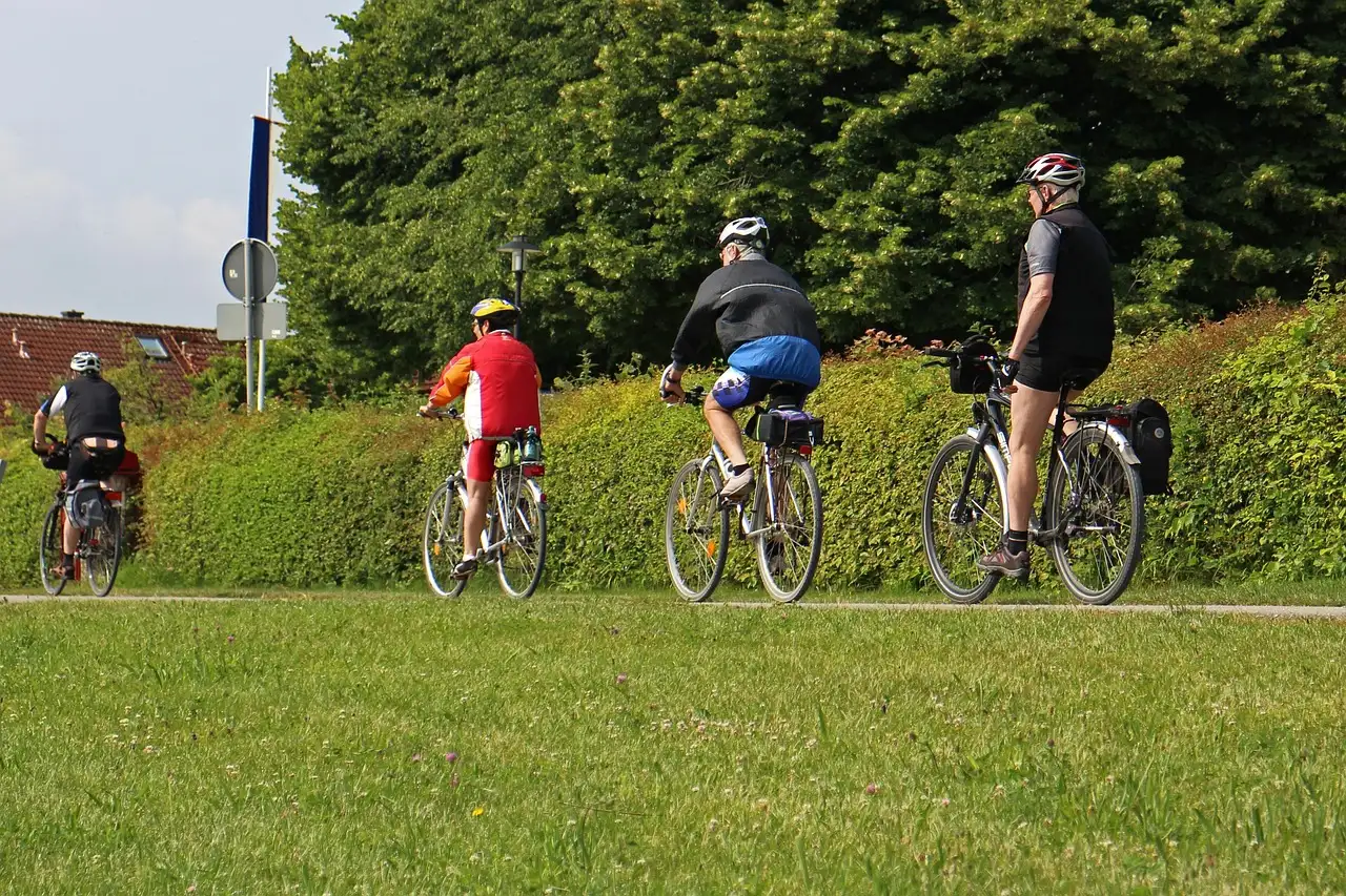 A small group of cyclists in helmets riding along a park path